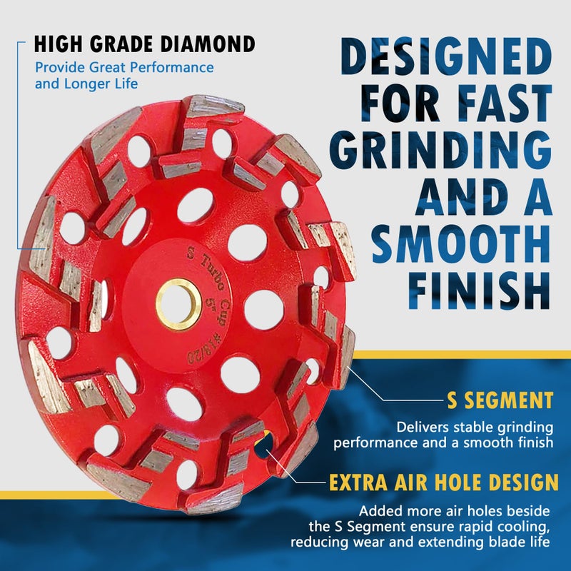 EDiamondTools 5" High Performance Diamond Grinding Wheels for Aggressive Concrete, Paint, Epoxy, Mastic, Coating Removal, #18/20 Grit, S Segments, 7/8"-5/8" Arbor - Image 2